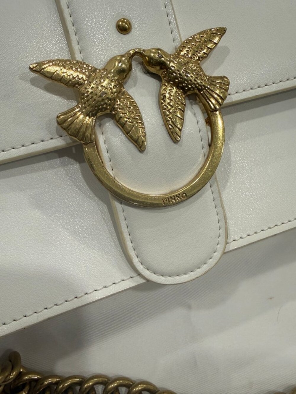 PINKO Love One Classic White Leather Shoulder Bag, Antique Gold Bird Clasp - Picture 4 of 8